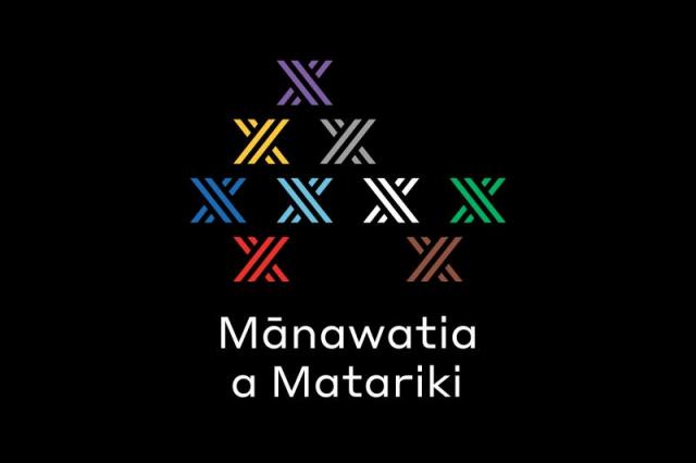 Mānawatia a Matariki tohu, official Matariki public holiday logo with icons representing the stars