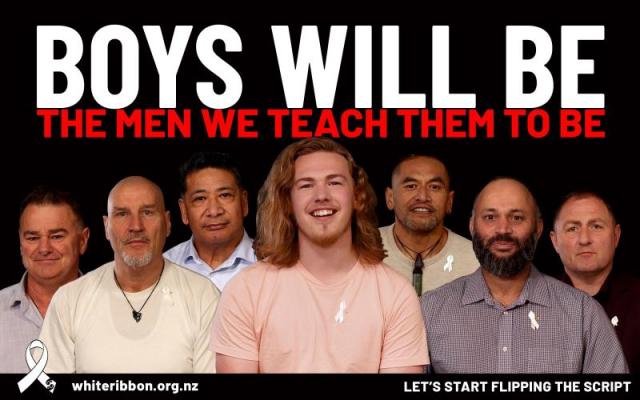 photo of 7 different men who are white ribbon ambassadors wearing white ribbons with the words boys will be the mean we teach them to be